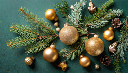 merry christmas festive celebration holiday holidays greeting card gold ornaments christmas baubles balls pine branches and cones on dark green table background top view flat layの素材