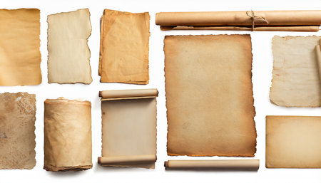 old paper or parchments collection isolated on whiteの素材