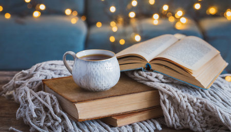 winter cozy still life with hot coffee cup or tea book and plaidの素材