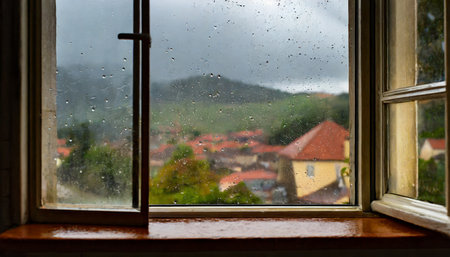 rainy day seen from a windowの素材