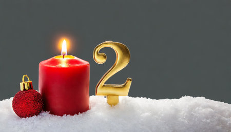 second sunday of advent red candle with golden metal number two red decoration one on snow isolated backgroundの素材