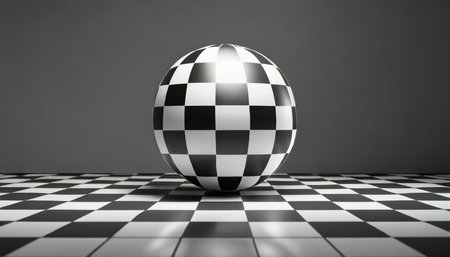 black and white checkered studio background with round sphere generative aiの素材