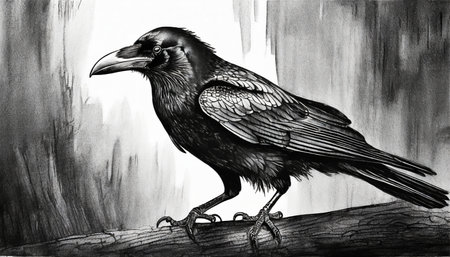 black raven engraving black and white drawingの素材