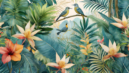 tropical wallpaper background with plants and birds generative aiの素材