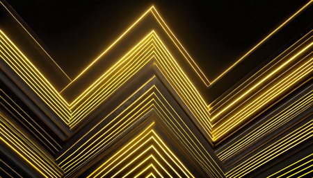 3d rendering abstract digital wallpaper golden neon lines sliding up over the black backgroundの素材