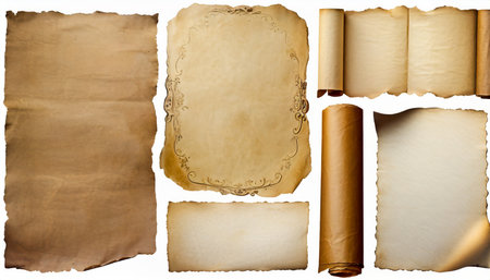 vintage paper or parchment set isolated on whiteの素材
