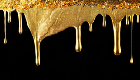 top border of glittering shiny metallic gold paint flowing and dripping downward isolated on blackの素材