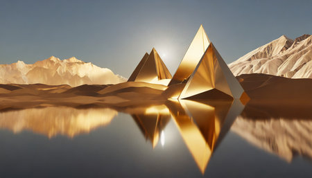 3d render abstract minimalist background of fantastic sunset landscape golden triangular flat mirrors hills and reflection surreal aesthetic wallpaperの素材