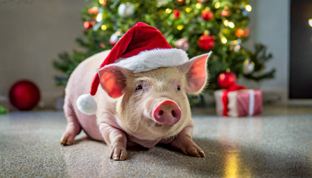 merry christmas xmas home animal holiday celebration funny little cute pig red with santa claus hat lying on the floor with christmas tree in the backgroundの素材