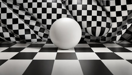 black and white checkered studio background with round sphere generative aiの素材