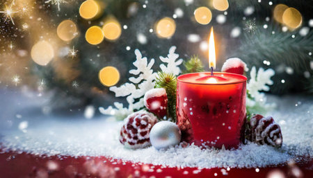 christmas decoration with candle and snowの素材
