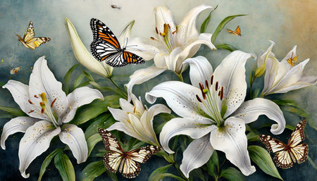 vintage botanical illustration flower poster with luxurious white lilies and butterflies handmade aquatic drawing realistic graceful flowers interior poster print canvas designの素材