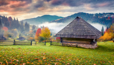 foggy autumn scene of mountain willage with old wooden house in garden calm morning view of carpathian mountains ukraine europe beauty of countryside concept backgroundの素材