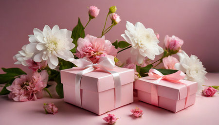 pink gifts boxes on pink background with flowers generative aiの素材