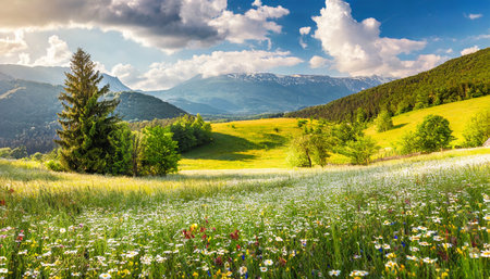 idyllic mountain landscape with fresh green meadows and blooming wildflowers idyllic nature countryside view rural outdoor natural view idyllic banner nature panoramic spring summer sceneryの素材
