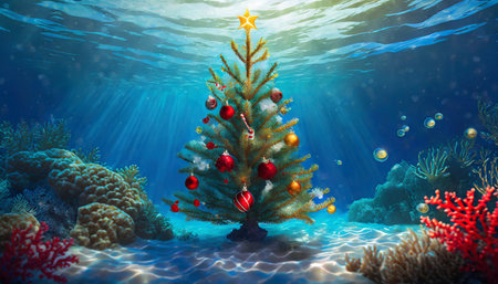 illustration of a decorated christmas tree under water in a reef for a unique christmas greetings cardの素材