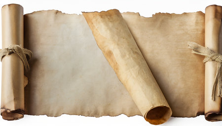old worn paper sheet and scroll isolated on whiteの素材