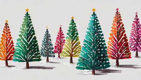 colorful christmas trees on white hand drawn holiday hristmas tree on isolated backgroundの素材