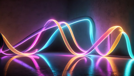 3d render abstract background of neon ribbon fluorescent ines glowing in the dark room with floor reflection fantastic panoramic wallpaper digital data transfer energy conceptの素材
