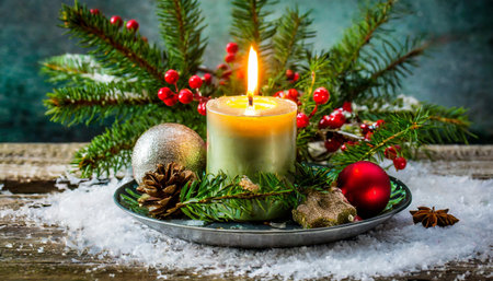 burning candle as christmas decorationの素材