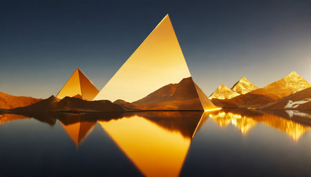 3d render abstract minimalist background of fantastic sunset landscape golden triangular flat mirrors hills and reflection surreal aesthetic wallpaperの素材