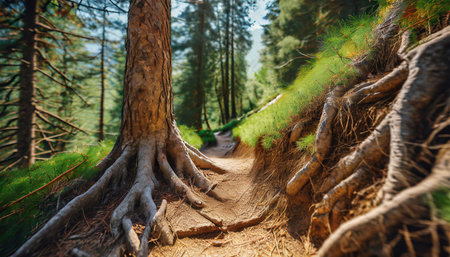 close up of pine tree roots in a dense forest with a narrow pathwayの素材