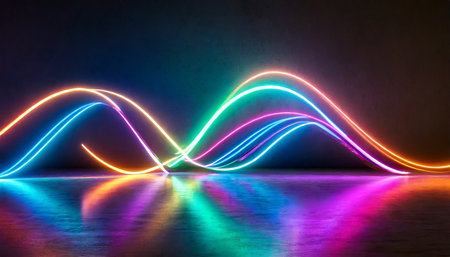 3d render abstract neon background of dynamic lines glowing in the dark room with floor reflection fluorescent ribbonの素材