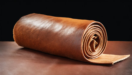 soft trimmed leathers in thick roll lay down on the table isolatedの素材