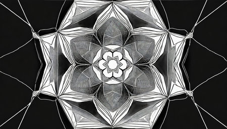 hexagonal rosette in black and white a digital abstract work with a xray like line drawn hexagonal rosette design in black and whiteの素材