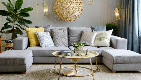modern living room interior stylish light grey sofa lots of cushion pillows generative aiの素材