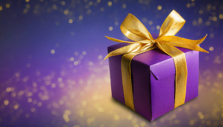 purple gift box with gold ribbon on gradient background with copy space for text holiday or christmas present conceptの素材