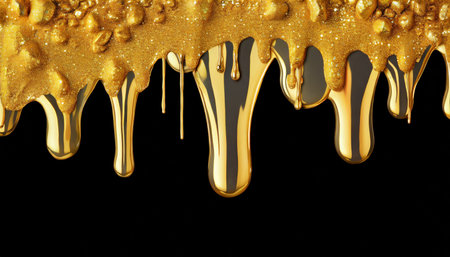 top border of glittering shiny metallic gold paint flowing and dripping downward isolated on blackの素材