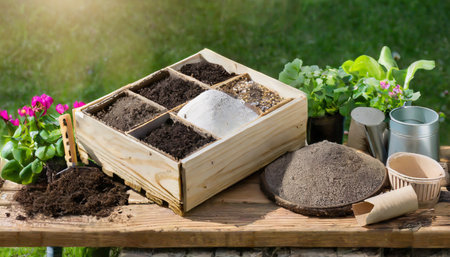 components of the soil mixture vermiculite agroperlite vermicompost compost biohumus for growing vegetables and seedlings in a wooden box or crate in the gardenの素材