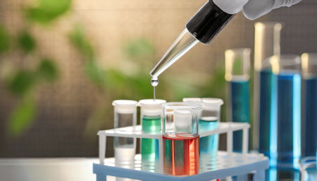 dripping liquid from pipette into test tube in laboratoryの素材
