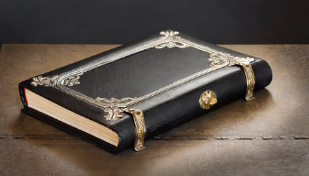 antique black leather book with ornate frame and metal cornersの素材