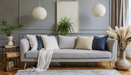 modern living room interior stylish light grey sofa lots of cushion pillows generative aiの素材