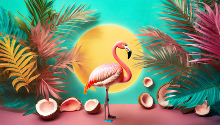flamingo tropical disco style bright background travel conceptの素材