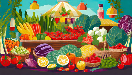food vegetable market colorful mood illustrationの素材