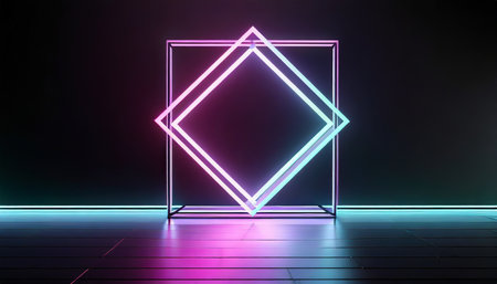 3d render abstract geometric background with neon square frame glowing with gradient light in the dark futuristic showcase for product presentationの素材