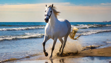 beautiful white horse galloping along the beach generative aiの素材