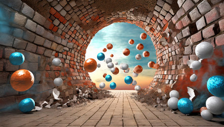 3d image of a tunnel with a destroyed brick wall and balls flying out of itの素材