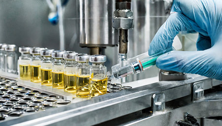 vaccine production in a pharmaceutical factory conveyor with the glass jars modern pharmaceutical factory closeup of ampules are being filled with vaccineの素材