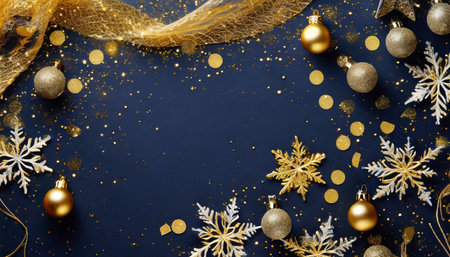 elegant navy blue christmas background with sparkling snowflakes and golden sequinsの素材