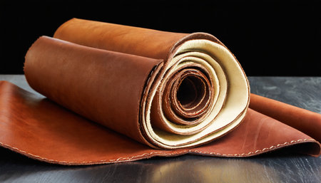 soft trimmed leathers in thick roll lay down on the table isolatedの素材