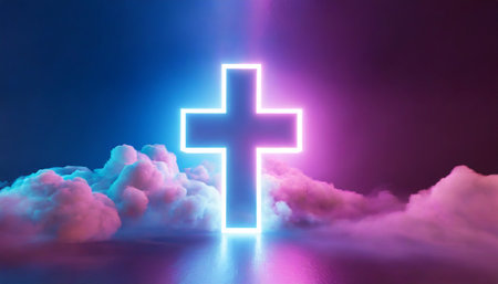 3d render mystical cloud and cross sign glowing with pink blue neon light abstract backgroundの素材