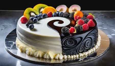 a stunning yin yang design cake with a black and white frosting swirl the cake is decorated with a variety of fresh fruits adding a pop of color and complementing the design perfectlyの素材