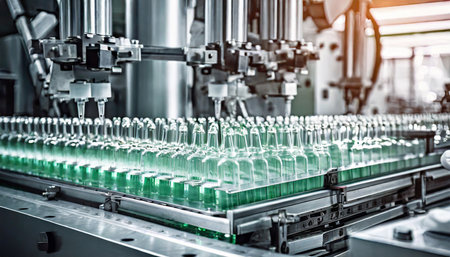 pharmaceutical industry production line machine conveyor with glass bottles ampoules at factory pharmaceutical industry concept backgroundの素材