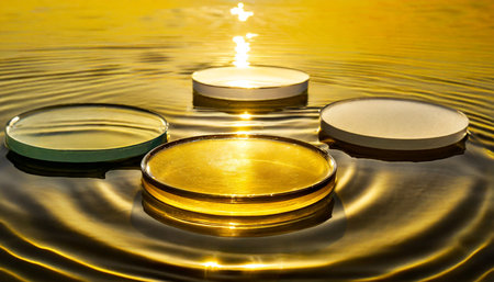 abstract empty clear glass circle podiums on yellow calm water texture with waves in sunlightの素材