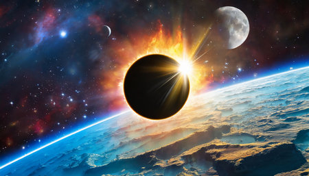 solar eclipse space planet in the cosmos asteroid explosion big bang galaxy alien universe sci fi moon landing solar system glowing travel at the speed of lightの素材