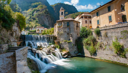 mountain waterfall near the old town italyの素材